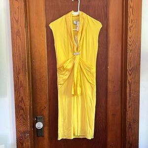 Y Yigal Saks Fifth Avenue V-neck Yellow Rouched Hemmed Gem Dress